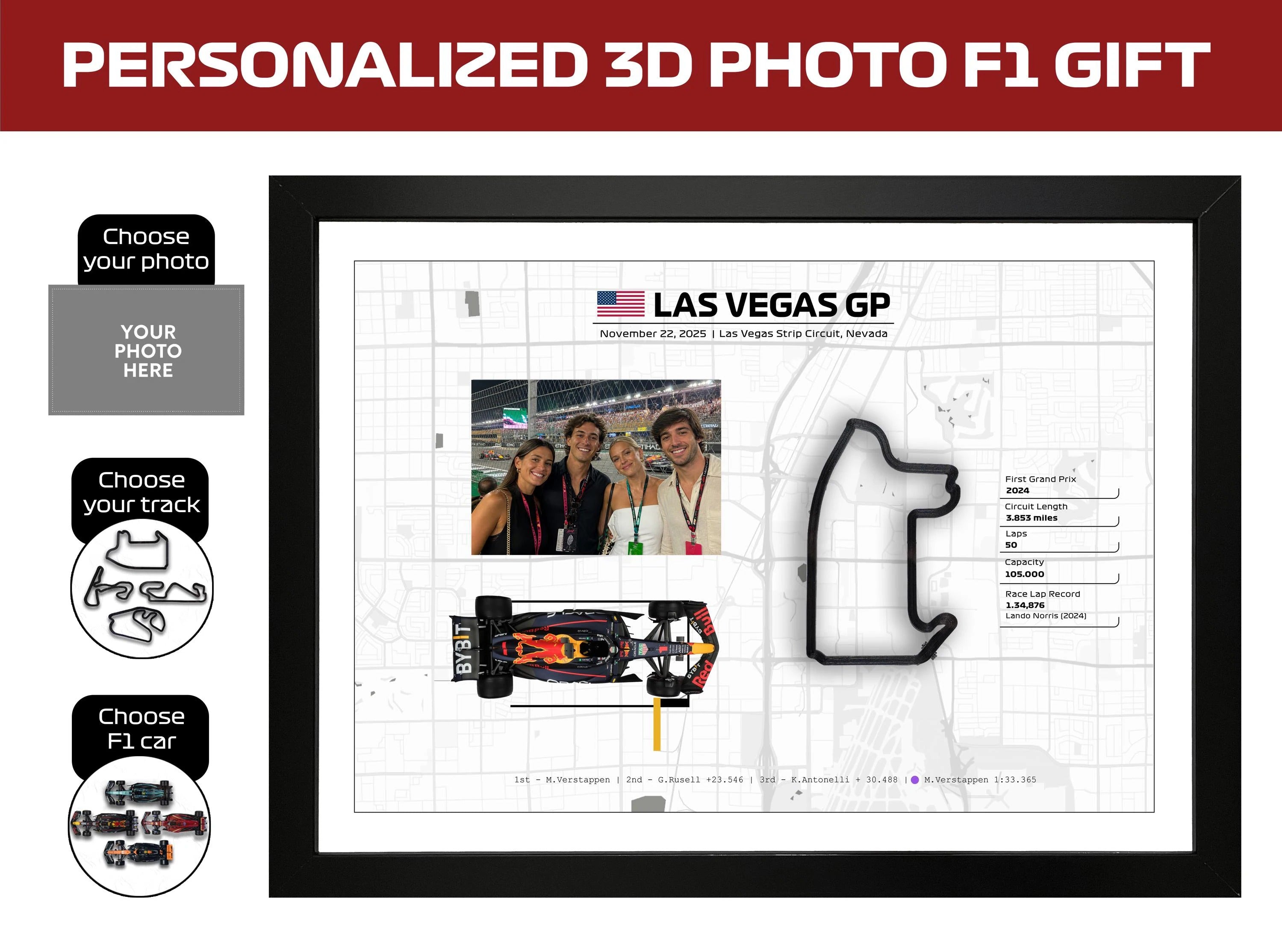 Marco personalizado de Fórmula 1 con tu foto | Circuito 3D y coche F1